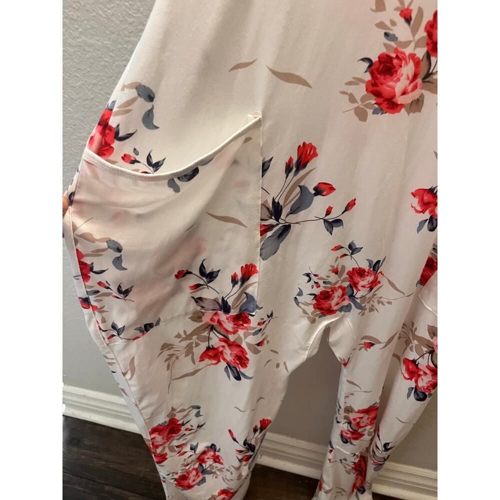 Boho Floral Romper XL Cream Pink Coquette Sleeveless Pocket Cottagecore Spring - Picture 8 of 8